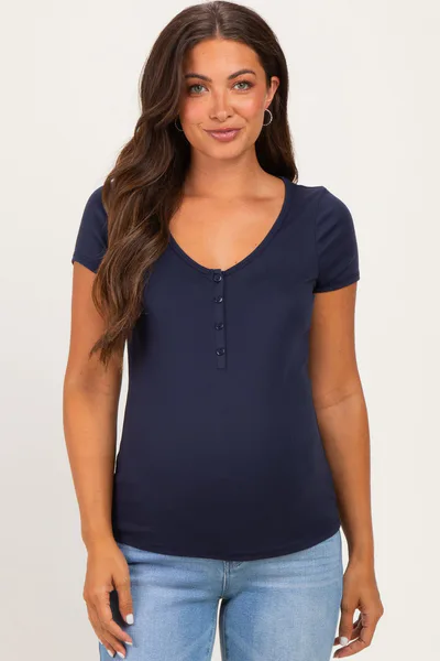 PinkBlush Navy Ribbed Button Scoop Neck Short Sleeve Maternity Top