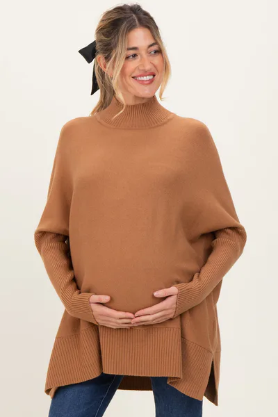 PinkBlush Camel Mock Neck Oversized Sir Slit Maternity Sweater Top