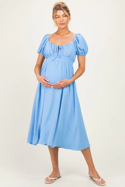 PinkBlush Light Blue Smocked Waist Short Sleeve Maternity Midi Dress