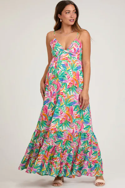 PinkBlush Green Floral Sleeveless Ruffle Hem Maternity Maxi Dress