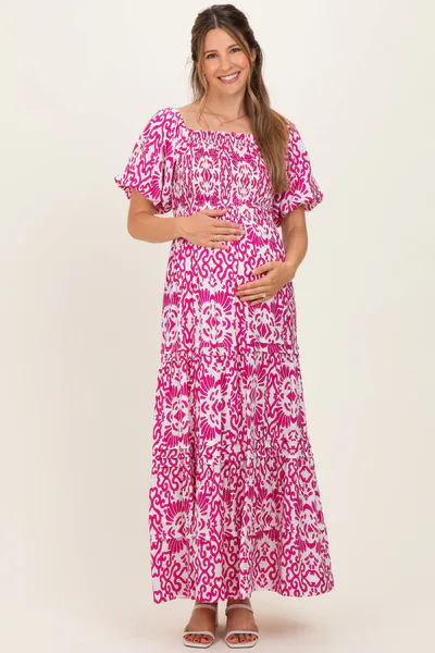 PinkBlush Fuchsia Printed Puff Sleeve Smocked Maternity Maxi Dress