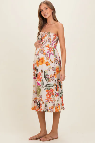 PinkBlush Ivory Smocked Bodice Strapless Printed Maternity Midi Dress