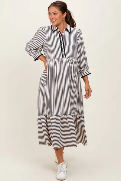 PinkBlush Black Striped Scallop Trim 3/4 Sleeve Maternity Midi Dress