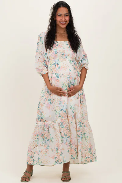PinkBlush Ivory Floral Smocked 3/4 Sleeve Maternity Maxi Dress