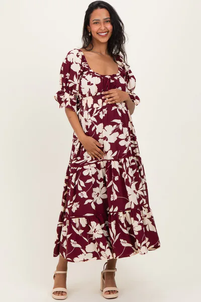 PinkBlush Burgundy Floral Short Sleeve Square Neck Tiered Maternity Maxi Dress