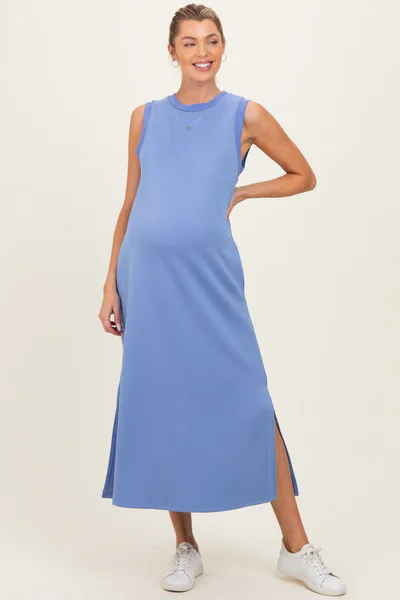 PinkBlush Chambray Blue Sleeveless Maternity Midi Dress