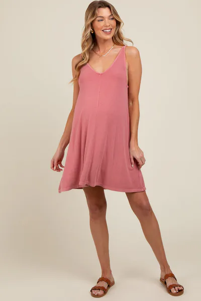 PinkBlush Mauve Ribbed Sleeveless Front Seam Maternity Dress