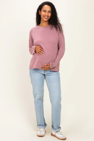 PinkBlush Burgundy Striped Oversized French Terry Maternity Top