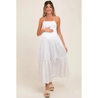 Target Pinkblush White Smocked Open Back Lace Hem Maternity Maxi Dress Small