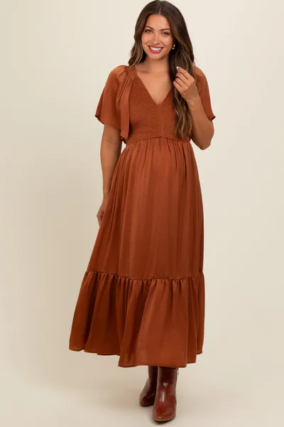 PinkBlush Camel Satin Smocked Maternity Midi Dress