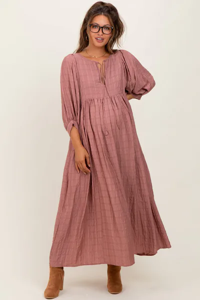 PinkBlush Mauve Plaid Front Tie Cutout Maternity Midi Dress