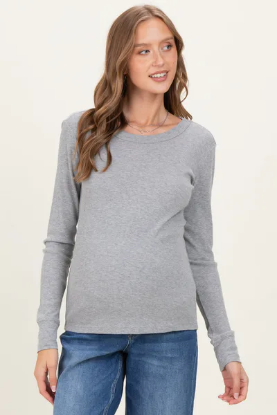 PinkBlush Heather Grey Ribbed Basic Maternity Long Sleeve Top