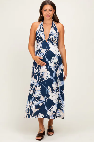 PinkBlush Navy Halter Neck Open Back Maternity Midi Dress