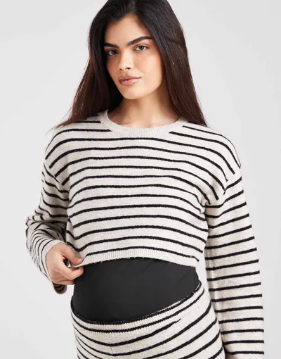 ASOS Mamalicious Maternity knitted long sleeve cropped sweater and wide leg over the bump pants set in black and cream strip