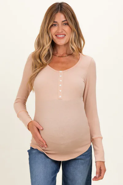 PinkBlush Beige Ribbed Henley Maternity Top