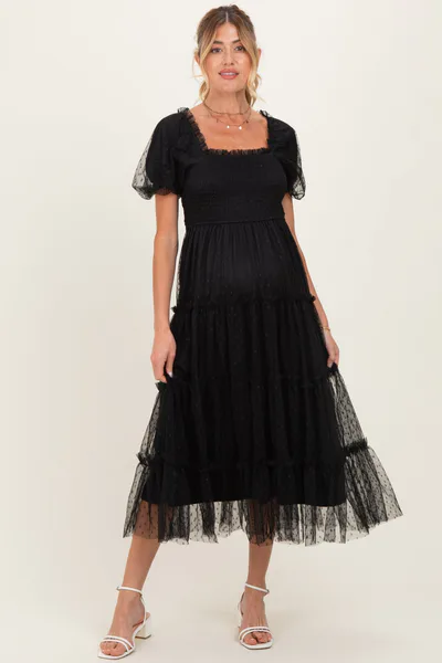 PinkBlush Black Tulle Puff Sleeve Smocked Maternity Midi Dress
