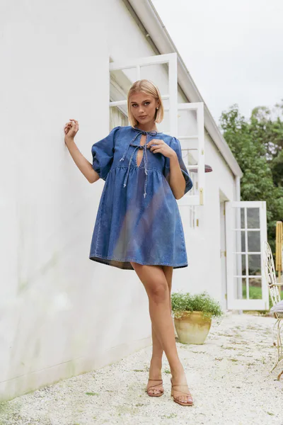 Petal & Pup Romana Tie Front Mini Dress - Dark Denim