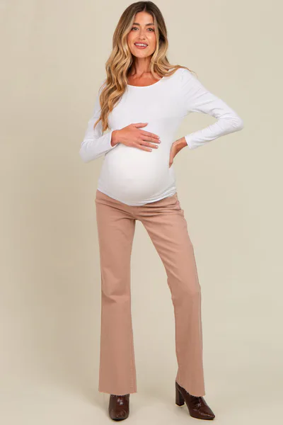 PinkBlush Beige Flare Leg Raw Hem Maternity Jeans