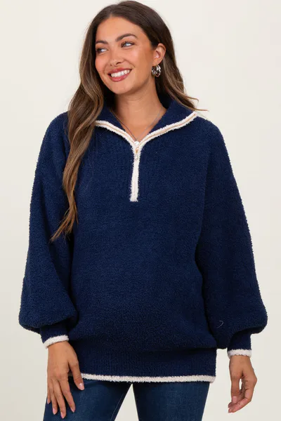 PinkBlush Navy Soft Fuzzy Knit Quarter Zip Maternity Pullover Sweater