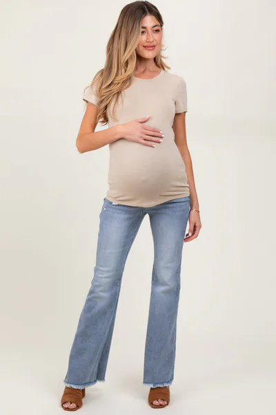 PinkBlush Light Blue Distressed Fringe Hem Flare Leg Maternity Jeans