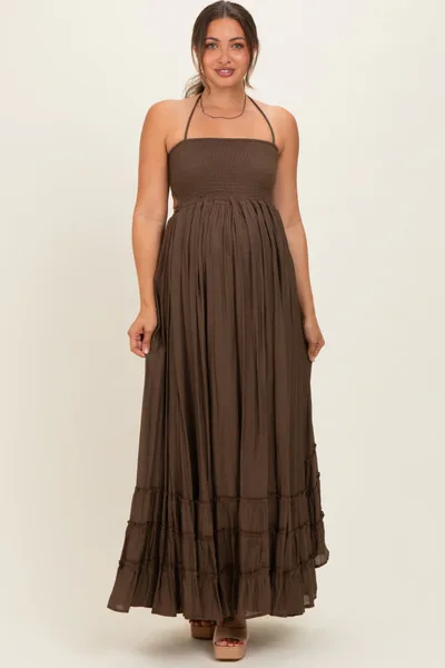 PinkBlush Chocolate Smocked Halter Open Back Maternity Maxi Dress