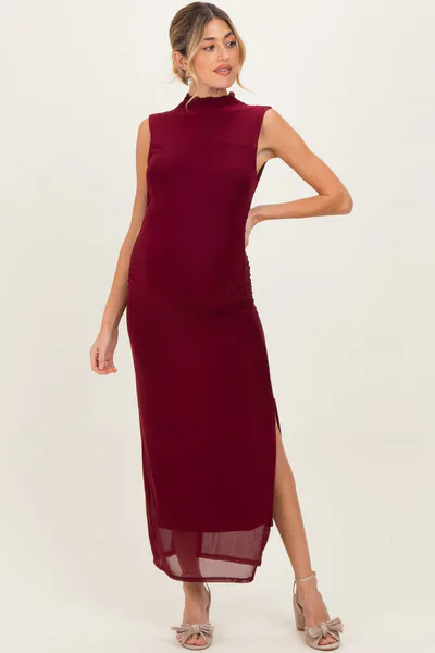 PinkBlush Burgundy Mock Neck Ruched Mesh Maternity Midi Dress