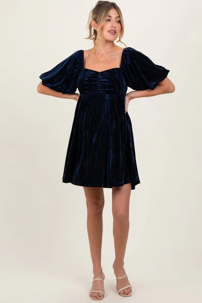 PinkBlush Navy Crushed Velvet Puff Sleeve Maternity Mini Dress