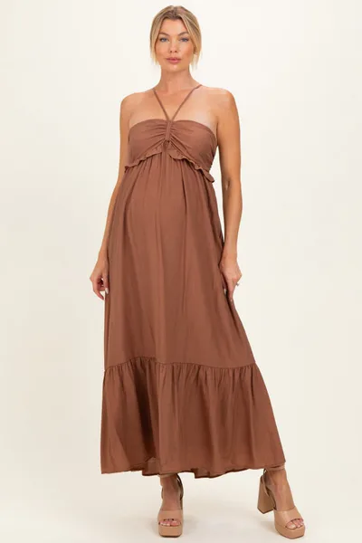 PinkBlush Amber Brown Halter Neck Tiered Cutout Maternity Maxi Dress