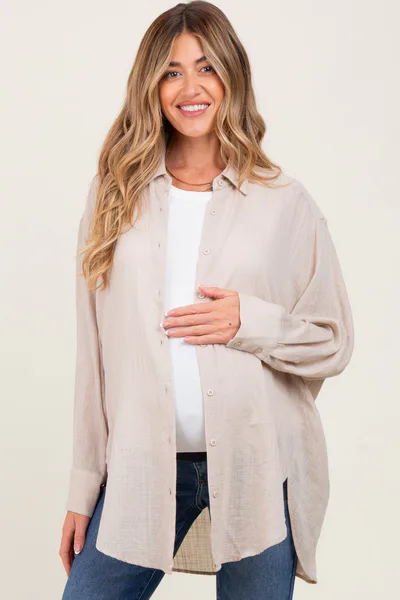 PinkBlush Light Beige Lightweight Sheer Button Down Maternity Blouse