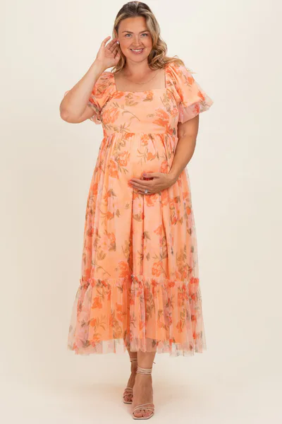 PinkBlush Coral Floral Puff Sleeve Maternity Plus Maxi Dress