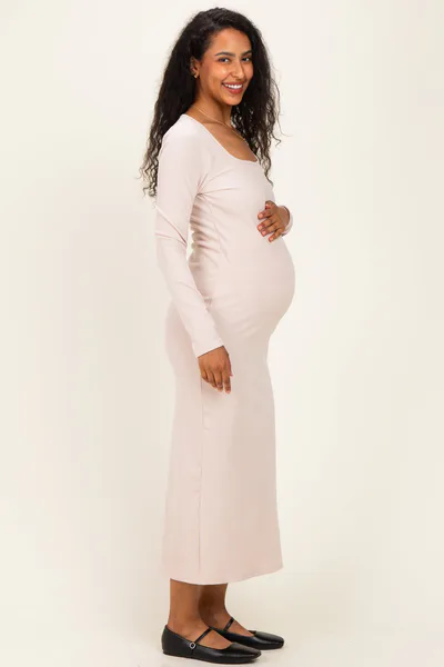 PinkBlush Beige Scoop Neck Long Sleeve Maternity Midi Dress