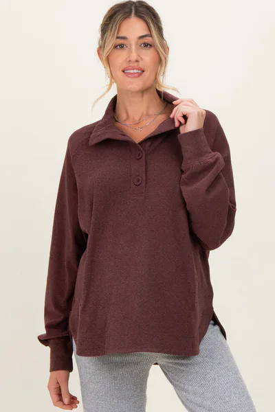 PinkBlush Burgundy Brushed Knit Button Collar Maternity Pullover