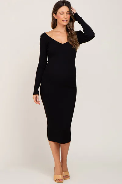 PinkBlush Black Knit Ribbed Maternity Midi Dress