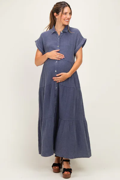 PinkBlush Navy Breezy Mineral-Washed Gauze Maternity Maxi Shirt Dress