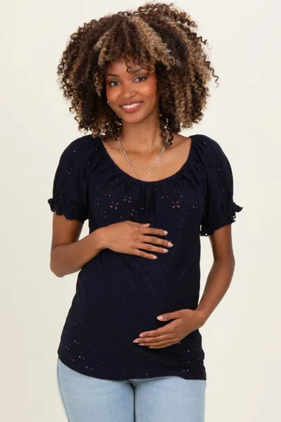PinkBlush Navy Eyelet Lace Puff Sleeve Maternity Blouse