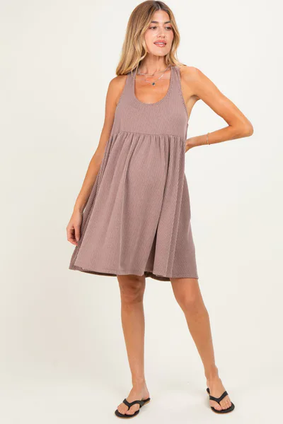 PinkBlush Mocha Ribbed Sleeveless Open Back Maternity Midi Dress