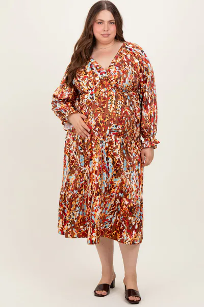 PinkBlush Mocha Multi Color Satin V-Neck Long Sleeve Plus Maternity Maxi Dress