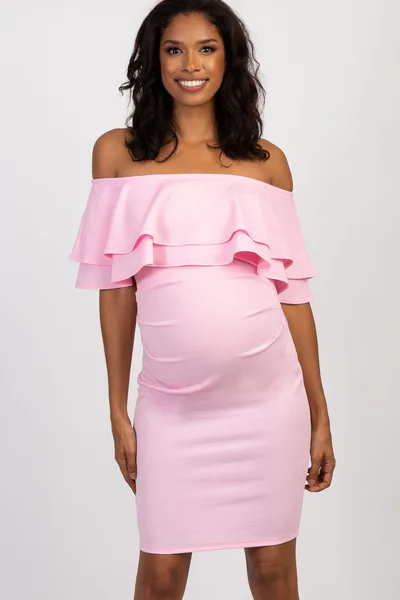 PinkBlush Pink Off Shoulder Fitted Maternity Dress