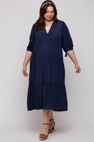 PinkBlush Navy Blue Striped Tiered Maternity Plus Midi Dress