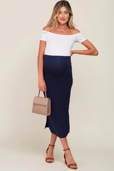 PinkBlush Navy Blue Side Slit Maternity Midi Skirt