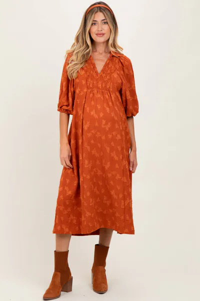 PinkBlush Rust Jacquard Texture V-Neck Maternity Midi Dress