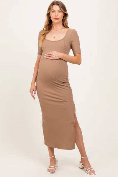 PinkBlush Light Taupe Ribbed Short Sleeve Side Slit Maternity Midi Dress