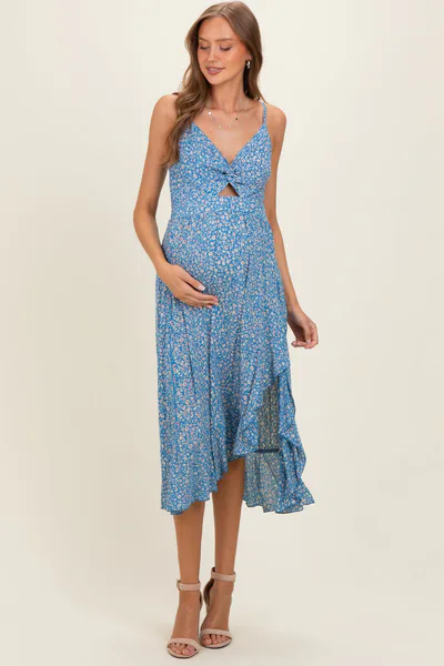 PinkBlush Cornflower V Neck Twist Front Cut Out Side Ruffle Slit Maternity Midi Dress