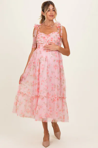 PinkBlush Pink Multi Floral Shirred Bodice Sleeveless Maternity Midi Dress