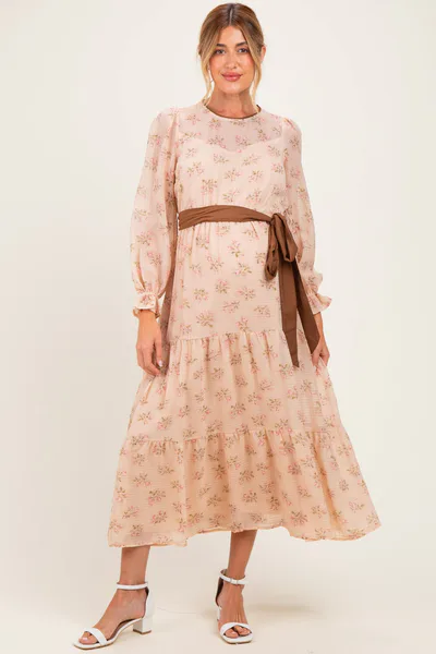 PinkBlush Dusty Peach Floral Sash Tiered Maternity Maxi Dress