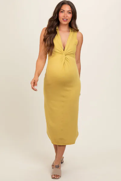 PinkBlush Lime Collared Sleeveless Twist Knit Maternity Midi Dress