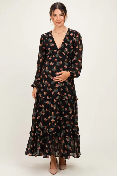 PinkBlush Black Floral Long Sleeve Maternity Midi Dress