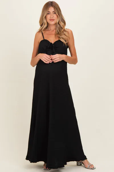 PinkBlush Black Waffle Knit Sweetheart Neckline Sleeveless Maternity Maxi Dress