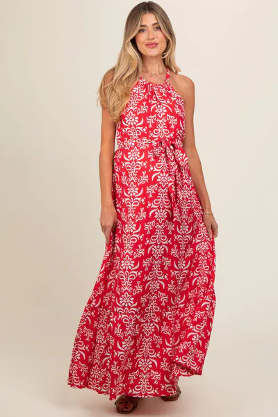 PinkBlush Red Paisley Halter Cross Back Maternity Maxi Dress