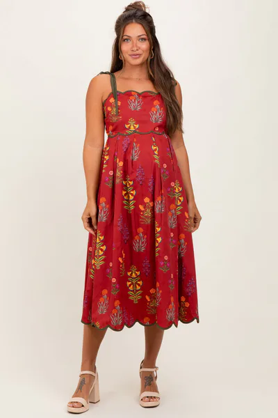 PinkBlush Rust Floral Scallop Edge Shoulder Tie Maternity Midi Dress